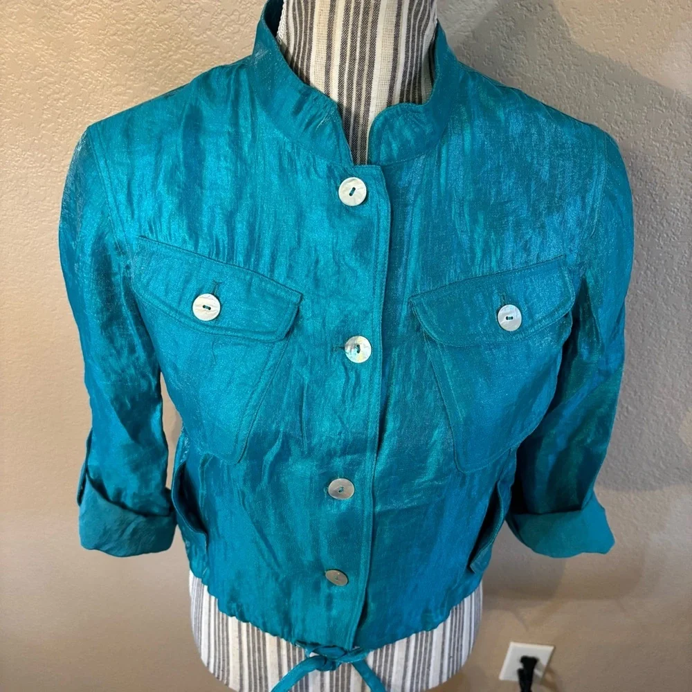 Women's Teal Utility Jacket with Mandarin Collar